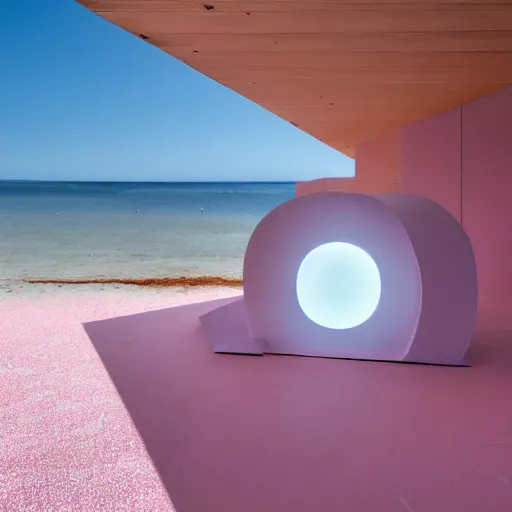 Image similar to An ultra high definition, professional photograph of an outdoor partial IKEA showroom inspired sculpture with a smiley face white dot matrix light sign located on a pastel pink beach ((with pastel pink, dimpled sand where every item is pastel pink. )) The sun can be seen rising through a window in the showroom. The showroom unit is outdoors and the floor is made of dimpled sand. The showroom unit takes up 20% of the frame. A square dot matrix sign displays an emoji somewhere in the scene. Morning time indirect lighting with on location production lighting on the showroom. In the style of wallpaper magazine, Wes Anderson.