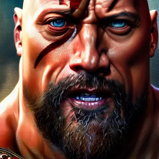 Image similar to portrait painting of dwayne johnson as kratos, ultra realistic, concept art, intricate details, eerie, highly detailed, photorealistic, octane render, 8 k, unreal engine. art by artgerm and greg rutkowski and charlie bowater and magali villeneuve and alphonse mucha