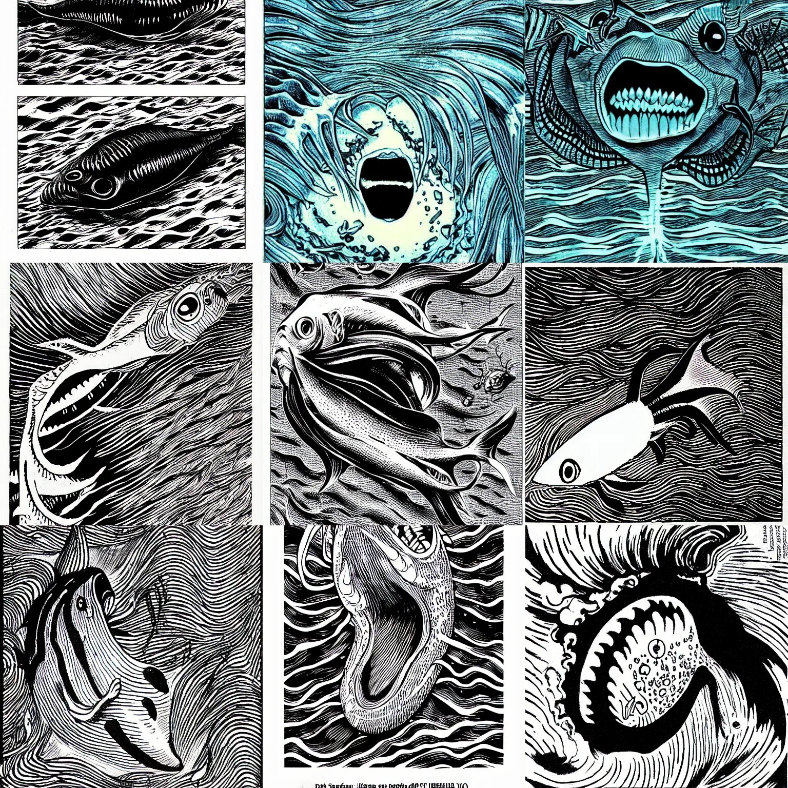 Prompt: a photograph of deep sea fish created by junji ito.