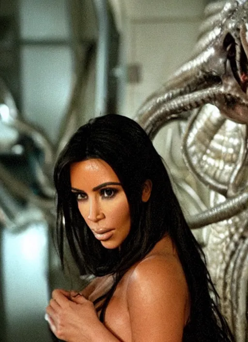 Prompt: movie still of kim kardashian wearing a alien facehugger mask, in the movie alien. cinematic full shot.