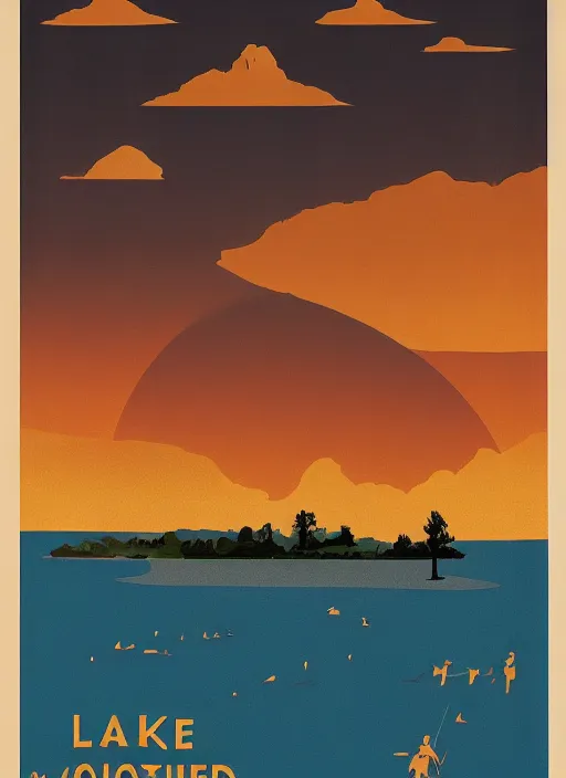 Image similar to a vintage vacation poster for lake merritt in oakland with a smoky dark orange sky