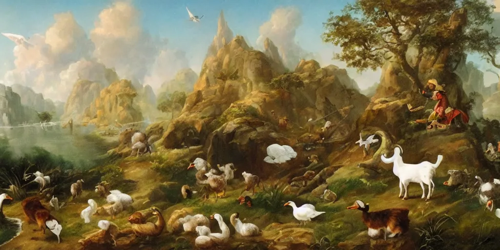 Image similar to fantasy landscape, ducks and goats going to war