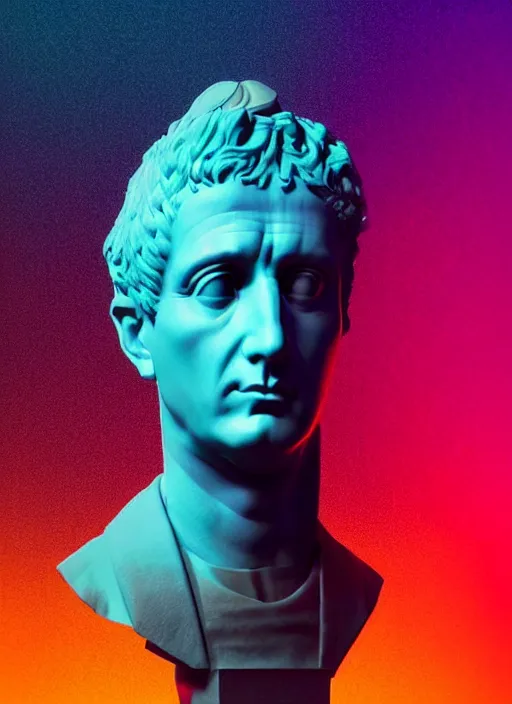 Prompt: bust of victorious caesar, beeple, vaporwave, retrowave, black background, neon wiring, black, glitch, strong contrast, cuts, pinterest, trending on artstation