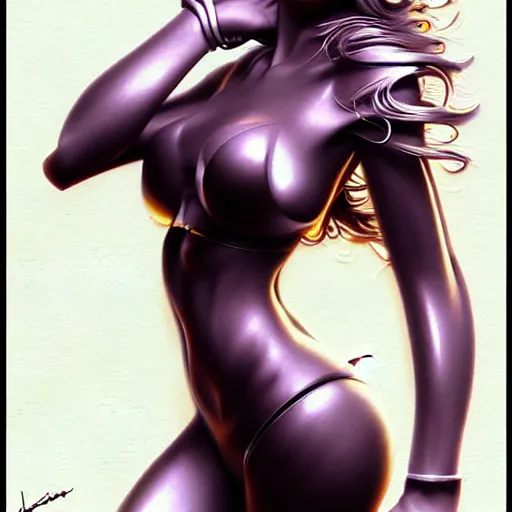 Image similar to cute girl walking with swagger, art by peter lloyd 1 9 8 0, airbrush style, art by hajime sorayama,, intricate, elegant, sharp focus, illustration, highly detailed, concept art, matte, sharp focus, illustration, highly detailed, concept art, h 6 4 0