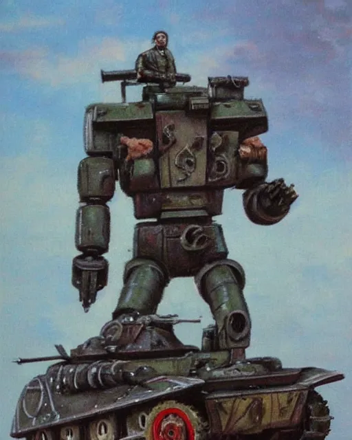 Prompt: ( ( t - 3 4 ) ) mech!!!! armed with a 7 5 mm cannon for an arm, giant!!!! humanoid!!!! figure, sharp angles, giant legs, oil painting, ( ( ( soviet tank ) ) ), tribal yurta, postapocalyptic, sharp focus