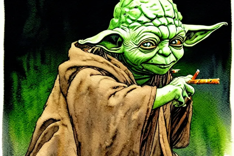 Image similar to a realistic and atmospheric watercolour fantasy character concept art portrait of yoda with bloodshot eyes laughing holding a blunt with a pot leaf nearby, by rebecca guay, michael kaluta, charles vess and jean moebius giraud