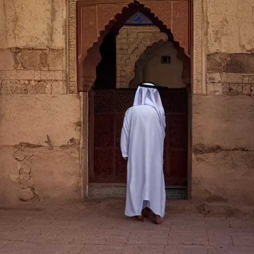 Prompt: Arab man near old mosque in old Arab city, dawn, 4k, oil painting style ,