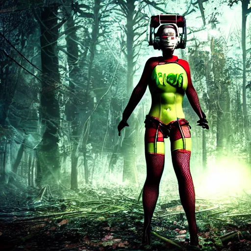 Prompt: A girl in fishnet stockings and power armor stands against the background of a radioactive forest, graphics, fallout 4 render, 3d computer render, maximum details, rain, night, spotlight,