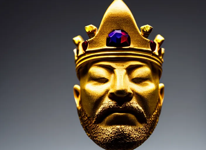 Prompt: a macro photo still of a king head shaped gemstone in the shape of a king head shaped like a kings head, 8 k studio lighting, key light, back lighting