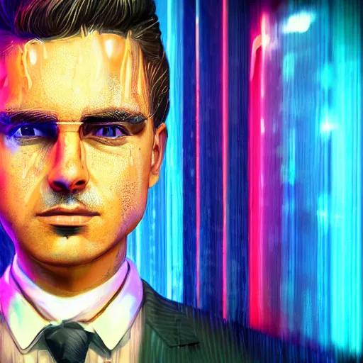 Image similar to epic cartoon portrait made out of rain, pinstripe suit, short hair, galactic background, rendered in octane, unreal engine, highly detailed, trending on artstation, realistic, splashes of neon, beautiful