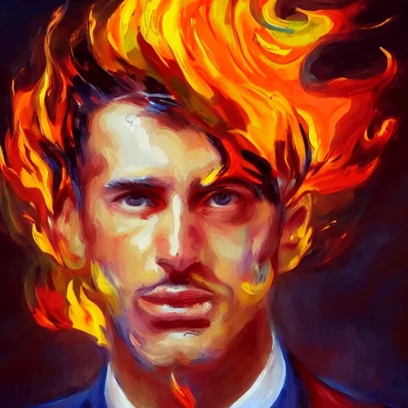 Image similar to abstract painting of man on fire. Handsome. Long hair. portrait. ArtStation. Impressionist