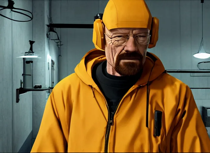 Image similar to film still of Walter White as Gordan Freeman wearing Black Mesa Jumpsuit in the Half Life Movie, 4k