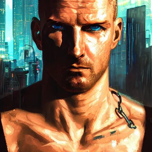 Image similar to cyberpunk, armitage, closeup portrait of a stoic ex soldier with a battlescar and light blue eyes, brown buzzcut, cyborg, dramatic light, city background, sunset, dystopian setting, high contrast, sharp, neuromancer, painted by stanley lau, painted by greg rutkowski, painted by stanley artgerm, digital art, trending on artstation