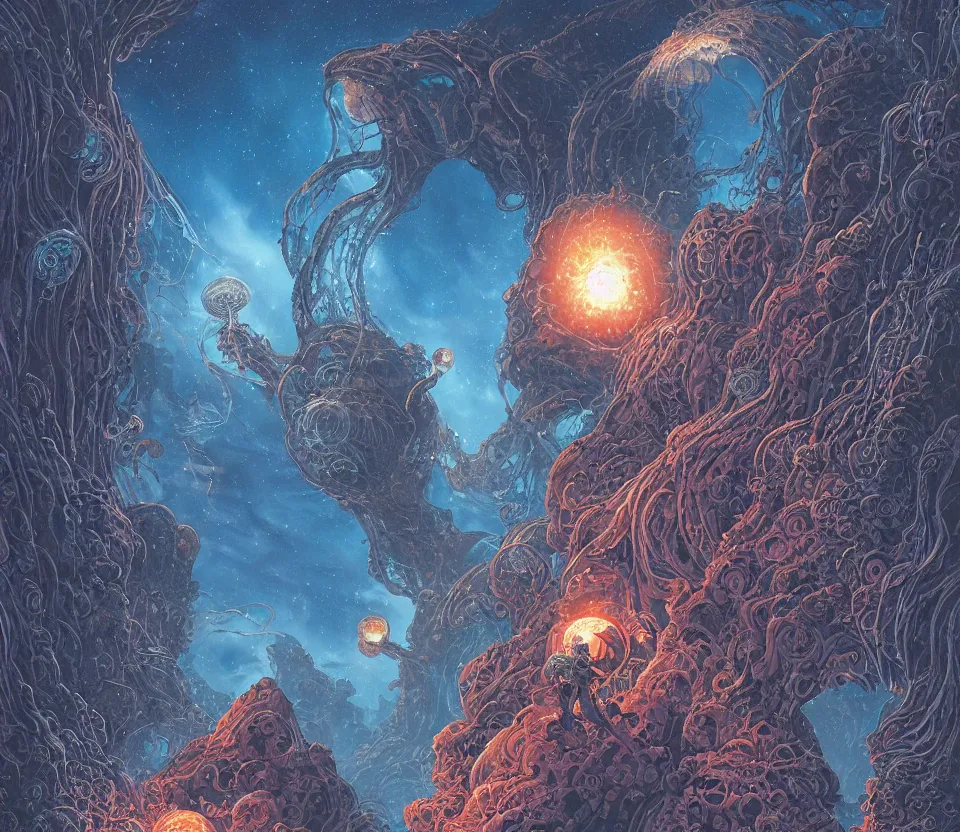 Image similar to a beautiful ultradetailed comic cover art of a gigantic carved stone-arched ancient portal to cosmic nebulae, with glowing jellyfish creatures and fireflies flying around, by Laurie Greasley and Peter Mohrbacher and Quentine Mabilles and Dan Mumford, tarot card art, detailed shading, cyberpunk, dramatic lighting