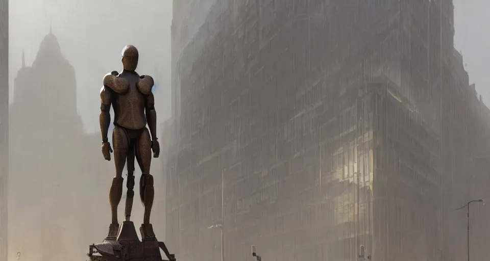 Prompt: cyborg bronze statue stands in the city center. art deco architecture. photorealism, soft light, morning. by greg rutkowski, frank lloyd wright, darek zabrocki. hyperrealism, dusty, moody, high detail, artstation, digital painting, octane render, tonal color scheme.