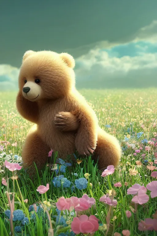 Prompt: render of a cute soft baby bear cub in a flower field, fur, butterflies, pastel, soft focus, octane render, ultra detailed, 8 k, by ross tran, pixar, disney, anime