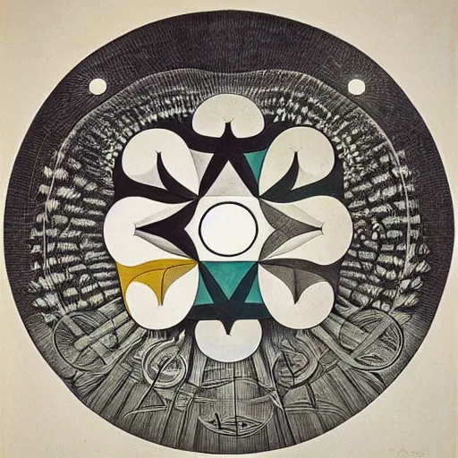 Prompt: a beautiful genius-like composition of incredibly profound symbolic art expressing the nature of time, wondrous, benign and numinous by M. C. Escher and by Hilma af Klint