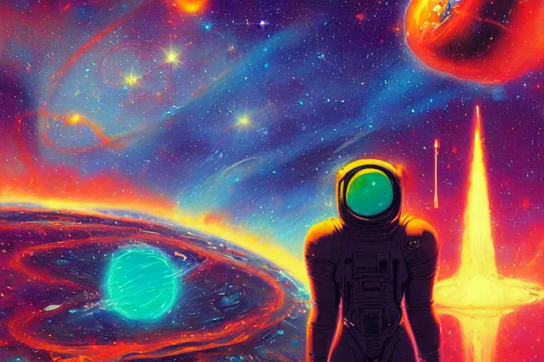 Prompt: digital painting of an astronaut in space, by paul lehr and vincent di fate and picasso, highly detailed, intricate, science fiction, galaxies, stars, supernova, black hole, galaxy, planet, void, artstation, portrait, cinematic lighting, studio ghibli color pallette, neon lights, trippy, retrofuturism, portrait