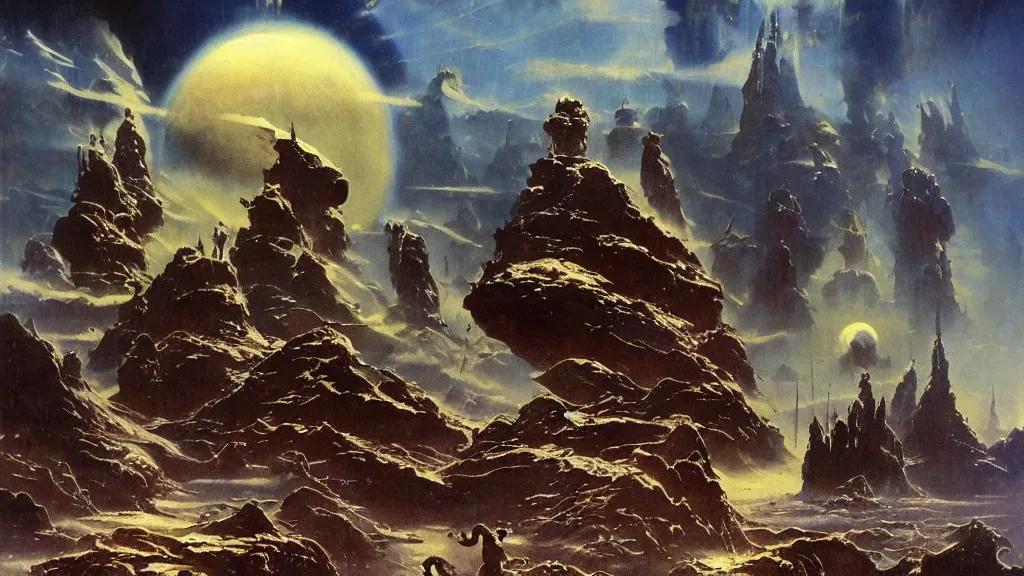 Image similar to surreal eerie alien planet empire by frank frazetta and bruce pennington, cinematic matte painting