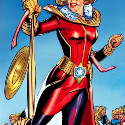 Image similar to Queen Elizabeth as Captain Britainica from Marvels Avengers, age of Duracell