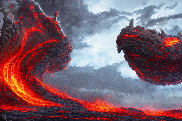 Prompt: a massive beast made of lava pulls itself up out of the crust of the earth, digital art, fantasy artwork, extremely detailed, trending on artstation, award - winning, art from the greatest fantasy artists,