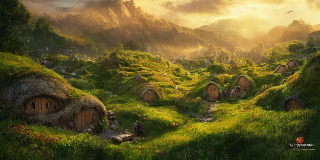 Prompt: looking down into a valley full of hobbit houses and lush vegetation with cherry trees in the sunset, sharp focus, highly detailed, matte painting, beautiful light, cgsociety, artgerm