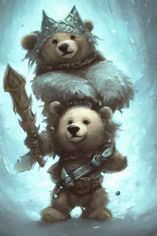 Image similar to cute little anthropomorphic bear knight wearing a cape and a crown, tiny, small, miniature bear, baby animal, short, pale blue armor, cute and adorable, pretty, beautiful, DnD character art portrait, matte fantasy painting, DeviantArt Artstation, by Jason Felix by Steve Argyle by Tyler Jacobson by Peter Mohrbacher, cinematic lighting