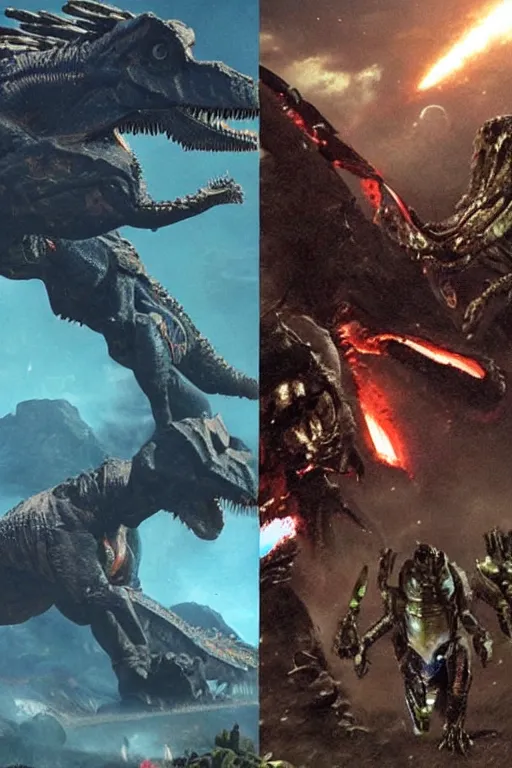 Prompt: mechabot, dinosaur, trex, robot, in space, from pacific rim (2013) from King kong (2005), trex from godzilla (2014) from kong skull Island (2017), from jurassic World (2015), from guardians of the galaxy, from transformers, cgsociety, ArtStation, by drew struzan