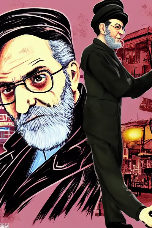 Image similar to khamenei, with quotes : destroy destroy america, pointing index finger, justify content center, hyperrealistic anatomy content, violet polsangi pop art, gta chinatown wars art style, extreme quality masterpiece, bioshock infinite art style, incrinate, 2 color, white frame, content balance proportion