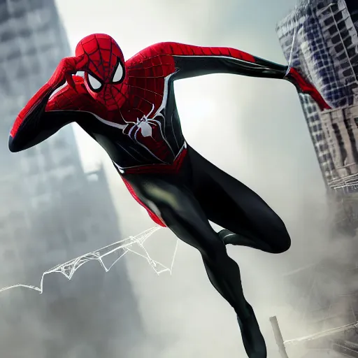 Image similar to black spider - man suit with green web lining, cinematic, volumetric lighting, realistic, hyperdetailed, photorealistic, photograph