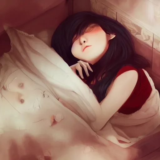 Image similar to lofi hiphop girl lying in bed listening to music by Wenqing Yan, WLOP, Zumidraws, OlchaS Logan cure liang Xing