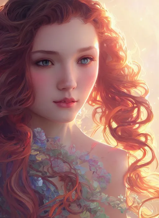 Image similar to beautiful girl with long curly, cute, intricate, highly detailed, digital painting, trending on artstation, concept art, smooth, sharp focus, backlit, rim light, vivid colors, illustration, unreal engine 5, 8 k, art by rossdraws and alphonse mucha