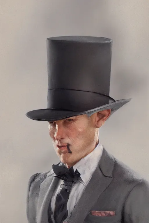 Prompt: a grey hair halfling stubble top hat and suit by Greg Rutkowski, painting, portrait, HD, high details, trending on artstation