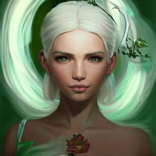 Image similar to ultra realistic illustration, dream girl with white hair, with light green eyes, with cat ears, in a sundress, intricate, elegant, highly detailed, digital painting, artstation, concept art, smooth, sharp focus, illustration, art by artgerm and greg rutkowski and alphonse mucha