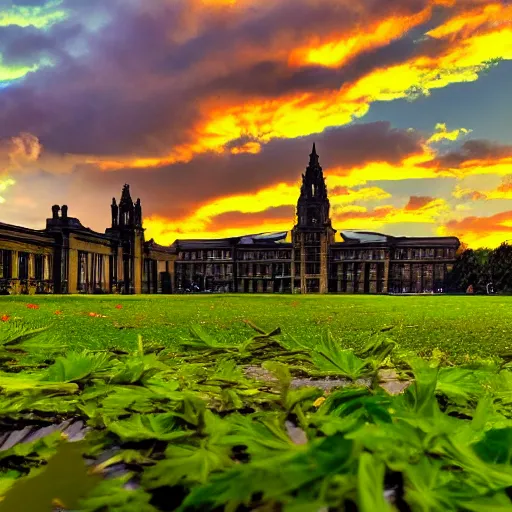 Image similar to university of Leeds, impressionist painting, weed leaves as clouds in sky, dramatic sunset lighting