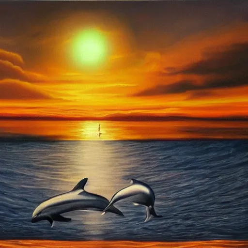 Image similar to oil painting, photorealistic, symmetrical, sunset, reflection on water, ufo floating above water, dolphins in water, horror, ominous