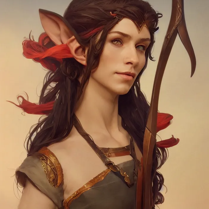 Image similar to excellent painted portrait of a half-elf bard, high quality painting with detailed face, 4k, trending on artstation, octane render, art by artgerm and greg rutkowski and alphonse mucha and craig mullins and James Jean and Andrei Riabovitchev and Marc Simonetti and peter mohrbacher