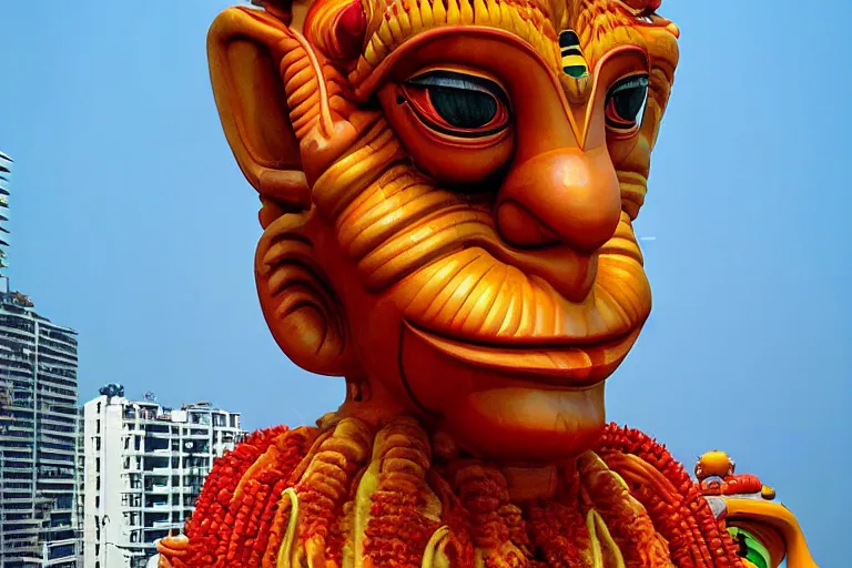 Image similar to high quality 3 d dreamscape! biomorphic hanuman head building in the middle of mumbai!!, kalighat highly detailed, cinematic smooth, stephen shore & john j. park, soft morning light, wide shot, high angle, uhd 8 k, deep focus