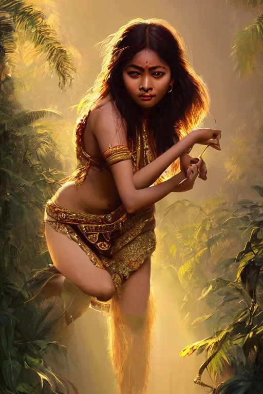 Image similar to stunningly beautiful, nepali dancer in jungle, symmetrical face, golden hour, smooth, focus, highly detailed, hyper realistic, dramatic lighting, elegant, intricate, concept art, art by wlop, mars ravelo, greg rutowski, artstation