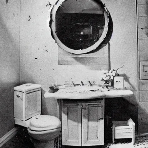 Prompt: a 1 9 5 0 s newspaper clipping with a photo showing a luxurious bathroom with a smashed mirror shattered on the floor