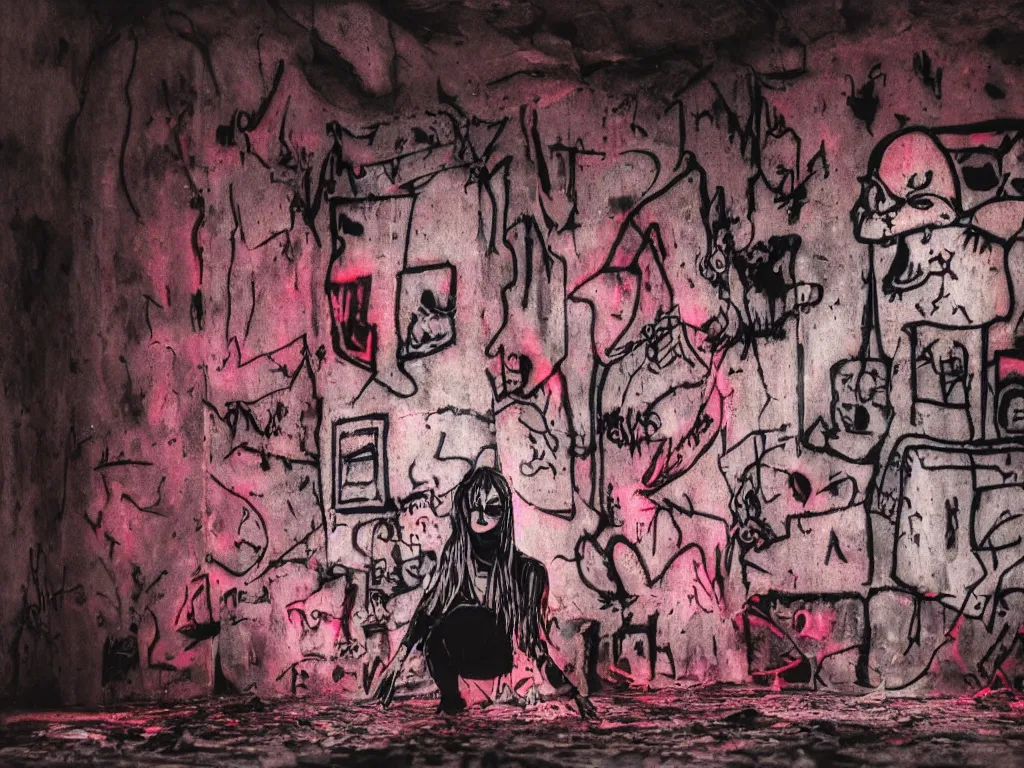 Image similar to ghost wraith apparition caught on camera, graffiti in an abandoned bunker, cute fumo plush gothic black enigmatic maiden girl painted in spilt red ink and washed watercolor, glowing ancient glyphs and summoning circle, neon light, avant garde pop art, filmic, vignette, captured on canon eos r 6