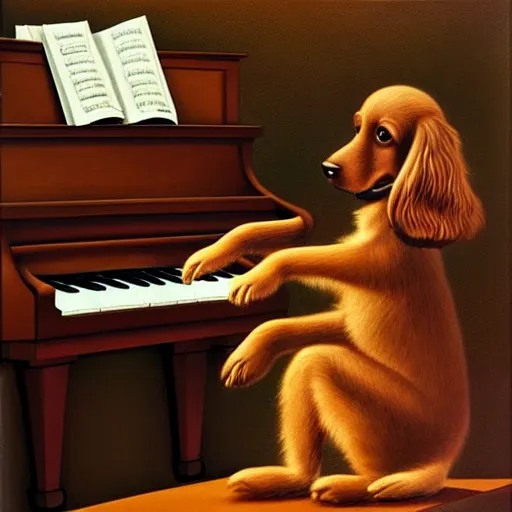 Prompt: a brown spaniel with a white chest , sat down playing a grand piano. surrealism. Artwork adult swim style, no text