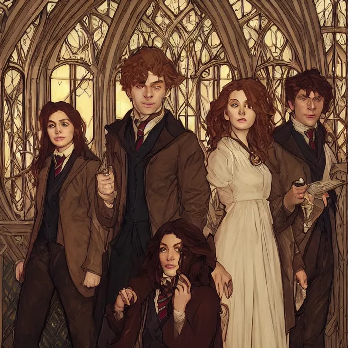 Prompt: harry, hermione and ron during their first year at hogwarts by artgerm, greg rutkowski, alphonse mucha