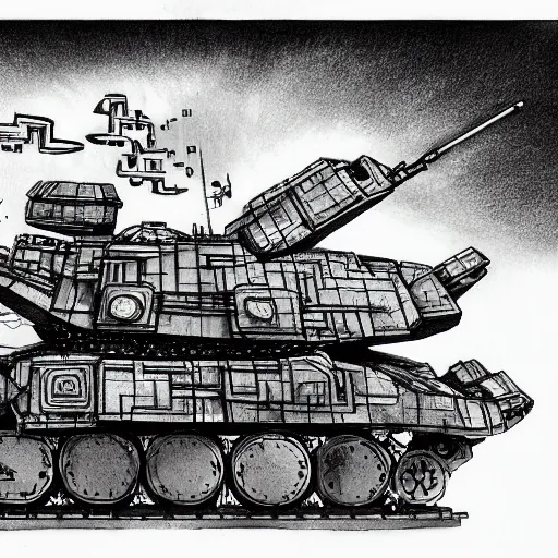 Image similar to daoist battle tank painted in white and black yin - yag symbol blasting away at dystopia, cosmos backdrop, detailed pencil drawing escher style xenopunk alien aesthetics