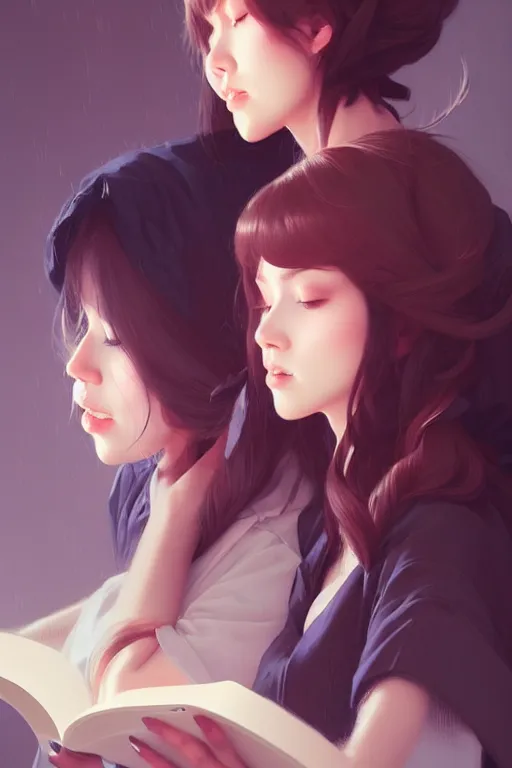 Image similar to portrait of two wise and very beautiful women reviewing some texts, art by guweiz, intricate, elegant, highly detailed, smooth, sharp focus, artstation