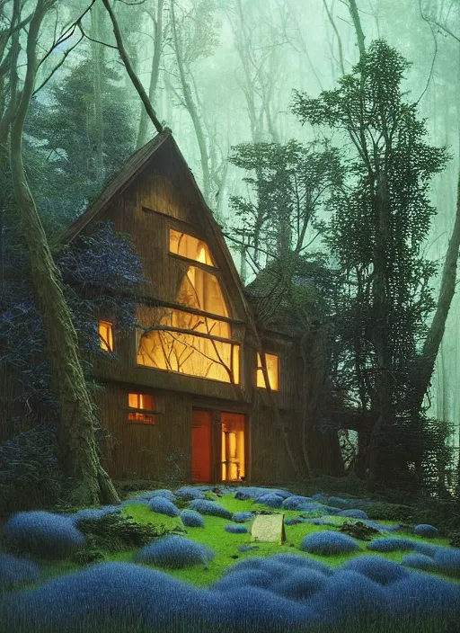 Image similar to hyper realistic witchy modern house with mood lighting and technology in the woods gorgeous lighting, blue sky, highly detailed, lush forest foliage painting by zdzisław beksinski and norman rockwell and greg rutkowski weta studio, and lucasfilm