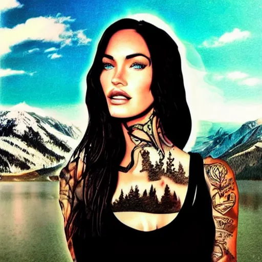 Image similar to double exposure effect tattoo design sketch of megan fox with beautiful mountain scenery, hyper - realistic, in the style of den yakovelev, amazing detail, sharp