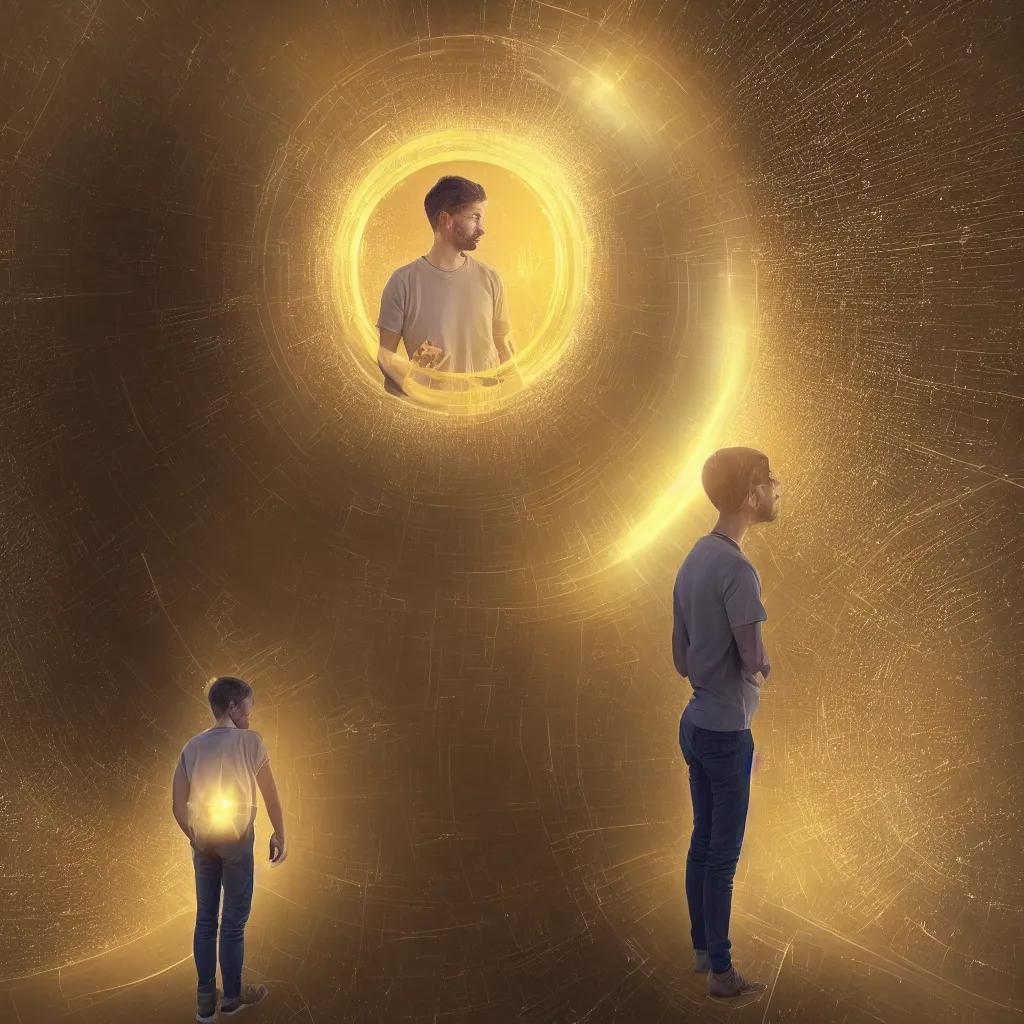 Prompt: “a first human standing looking at a mirror through a golden portal with a reflection of himself while a conscious being manifests next to him, highly detailed in 4K”