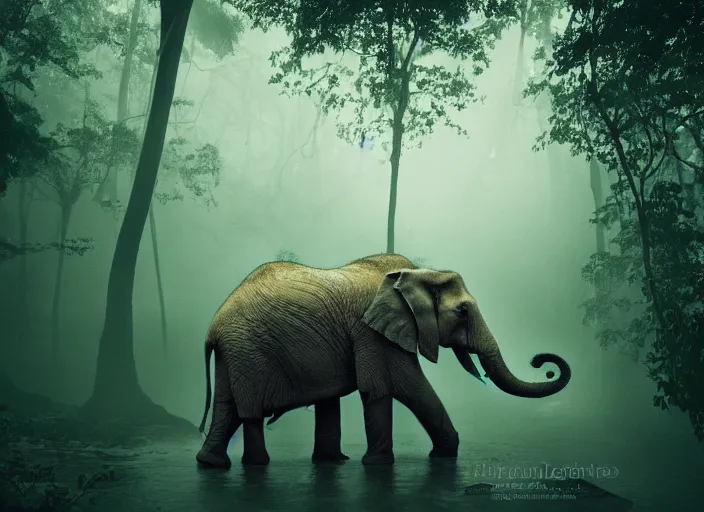 Prompt: an elephant octopus chimera, in a jungle with ominous light from above, great photography, ambient light, fog, river