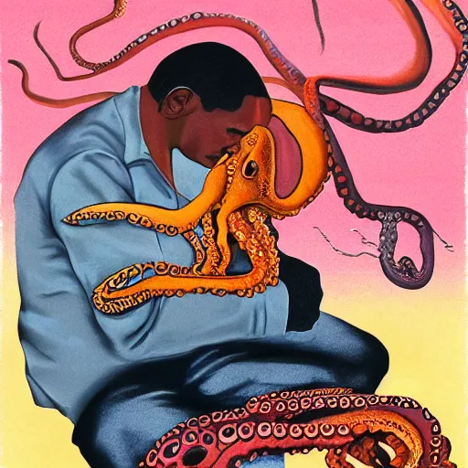 Prompt: john coltrane hugging and kissing an octopus